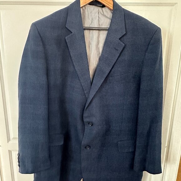 Jos A. Bank Men's Navy Blue Plaid Suit Jacket Size 48L Sports Coat Linen Wool - Picture 1 of 10